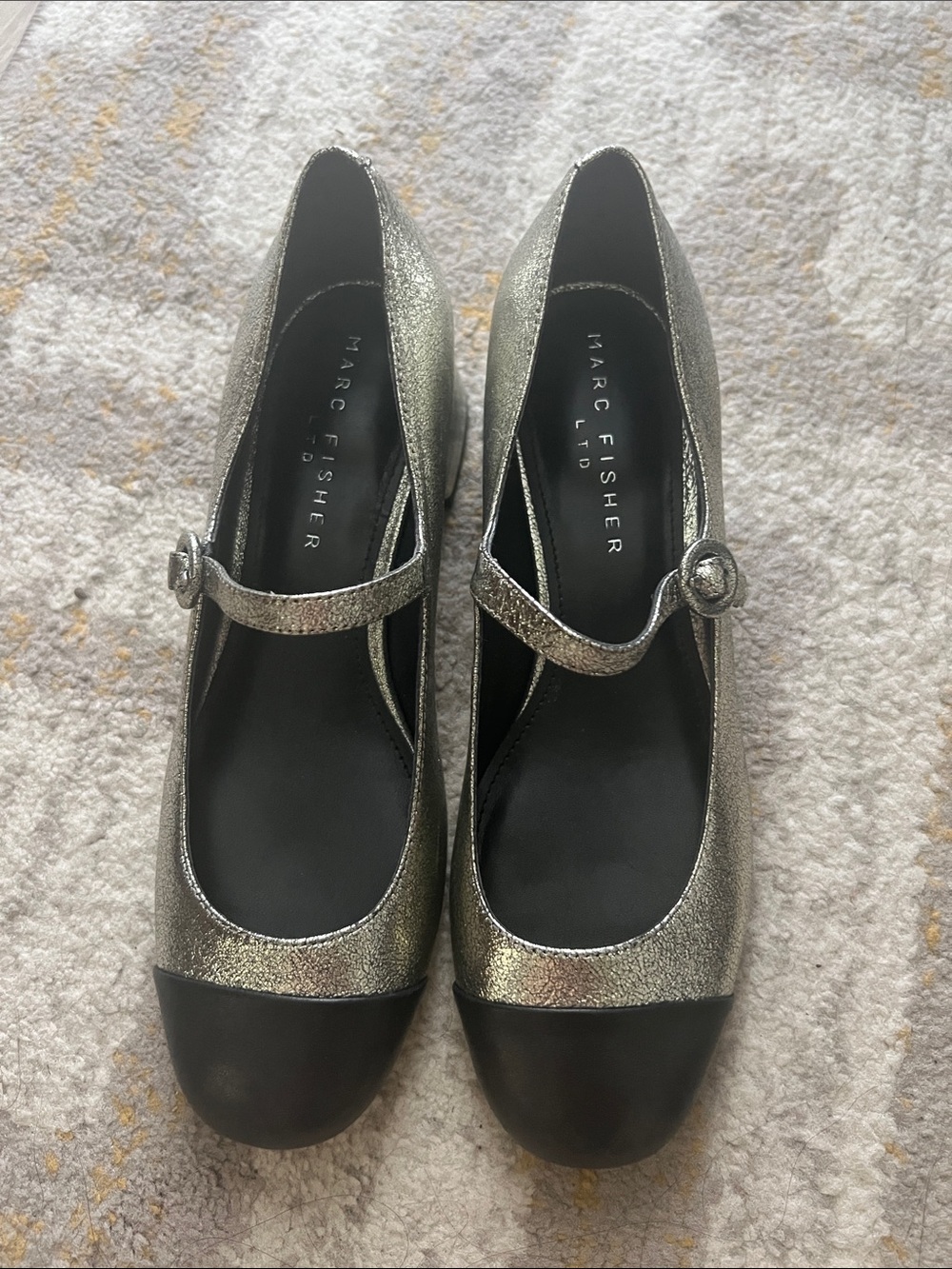 Marc Fisher Metallic Silver Mary Jane Pumps with Black Cap Toe